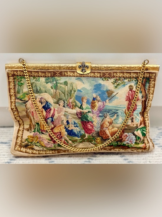 Antique Handbags - 1930’s Vintage Scenic Tapestry Rhinestone Fleur-de-Lis-Clasp Coquette Handbag